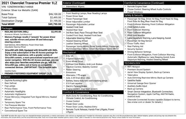 Used 2021 Chevrolet Traverse Premier w/ Redline Edition FWD image 7
