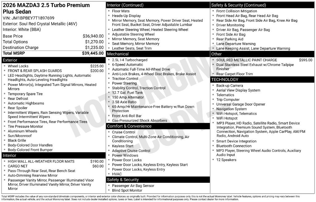New 2026 MAZDA MAZDA3 2.5 Turbo Sedan w/Premium Plus AWD/4WD image 10