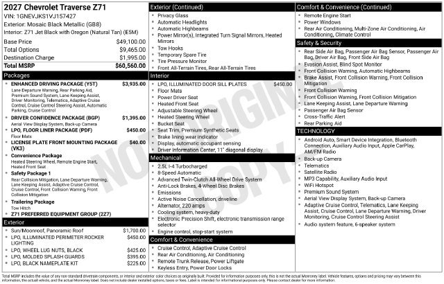 New 2027 Chevrolet Traverse Z71 w/ Enhanced Driving Package AWD/4WD image 2