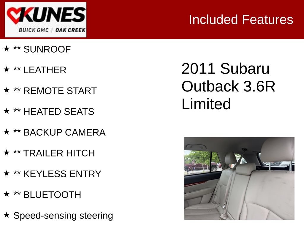 Used 2011 Subaru Outback 3.6R Limited w/ PWR Moonroof Pkg AWD/4WD image 2