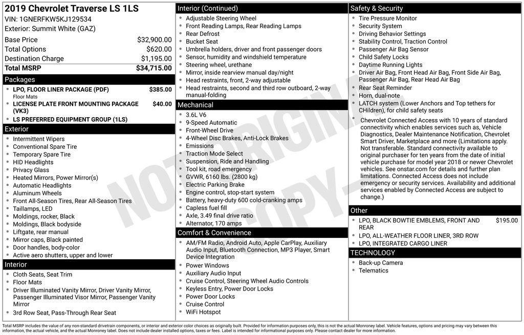 Used 2019 Chevrolet Traverse LS w/ LPO, Floor Liner Package image 11