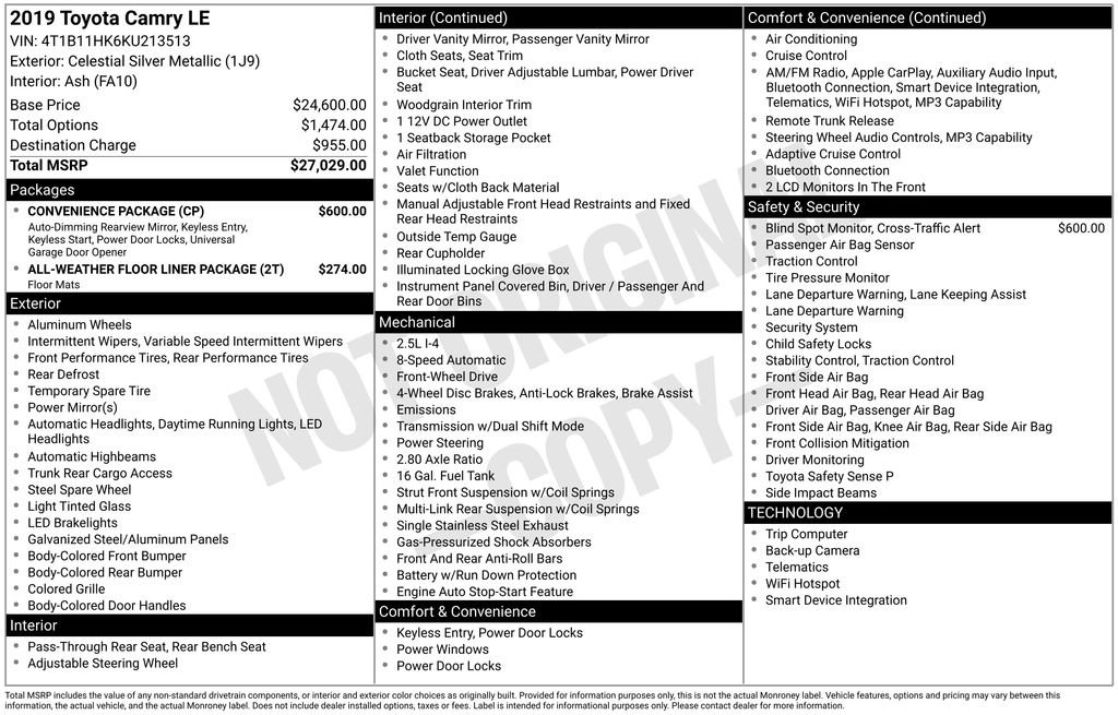 Used 2019 Toyota Camry LE w/ Convenience Package FWD image 10