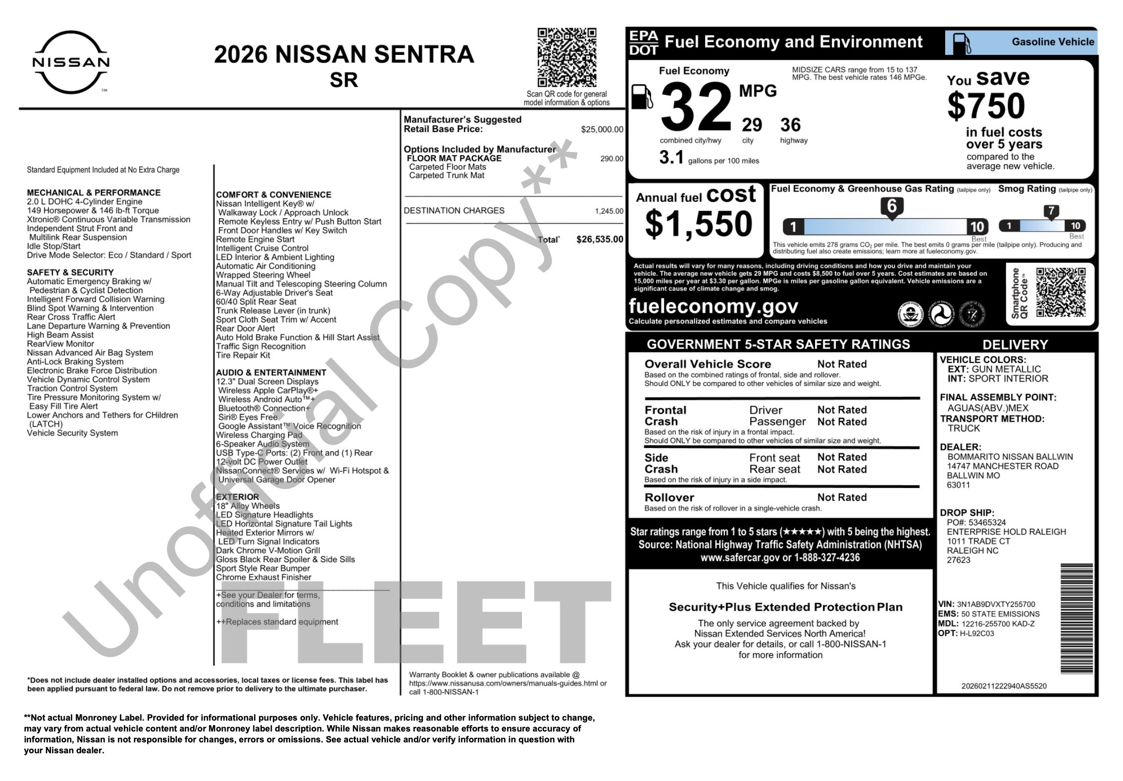 Used 2026 Nissan Sentra SR w/ Floor Mat Package FWD image 4
