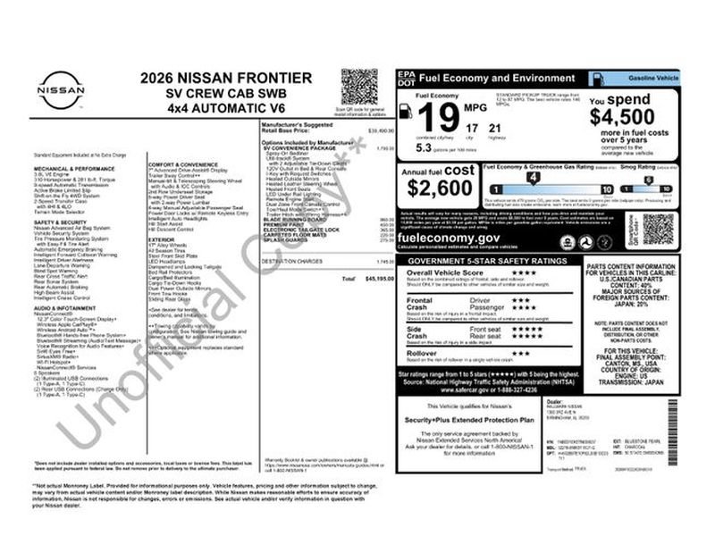 New 2026 Nissan Frontier SV w/ SV Convenience Package AWD/4WD image 1