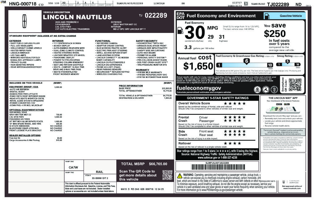 New 2026 Lincoln Nautilus Premier w/ Equipment Group 102A AWD/4WD image 42