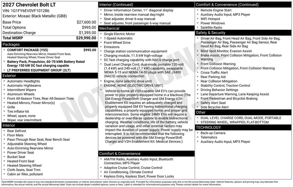 New 2027 Chevrolet Bolt LT w/ Comfort Package FWD image 4