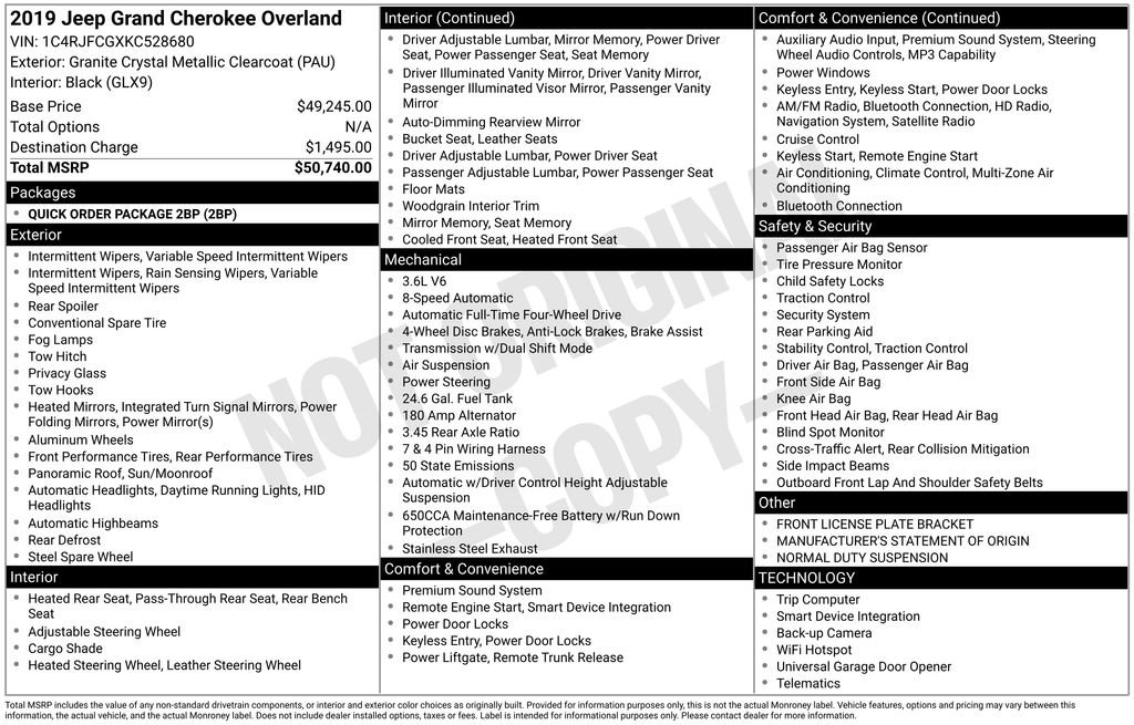 Certified 2019 Jeep Grand Cherokee Overland AWD/4WD image 40