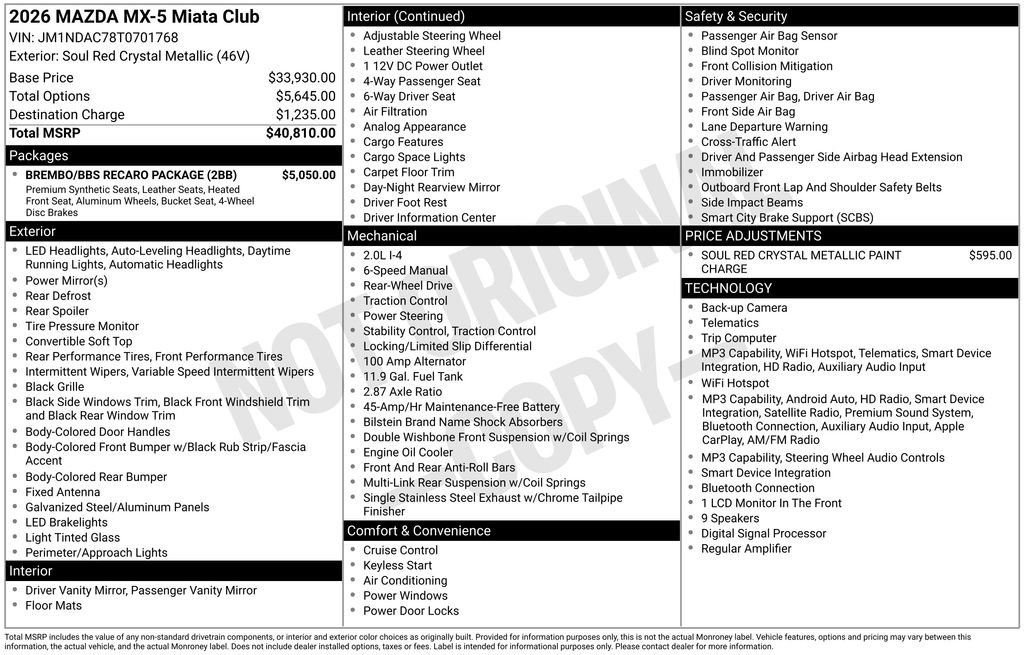New 2026 MAZDA MX-5 Miata Club w/ Brembo/BBS Recaro Package RWD image 11