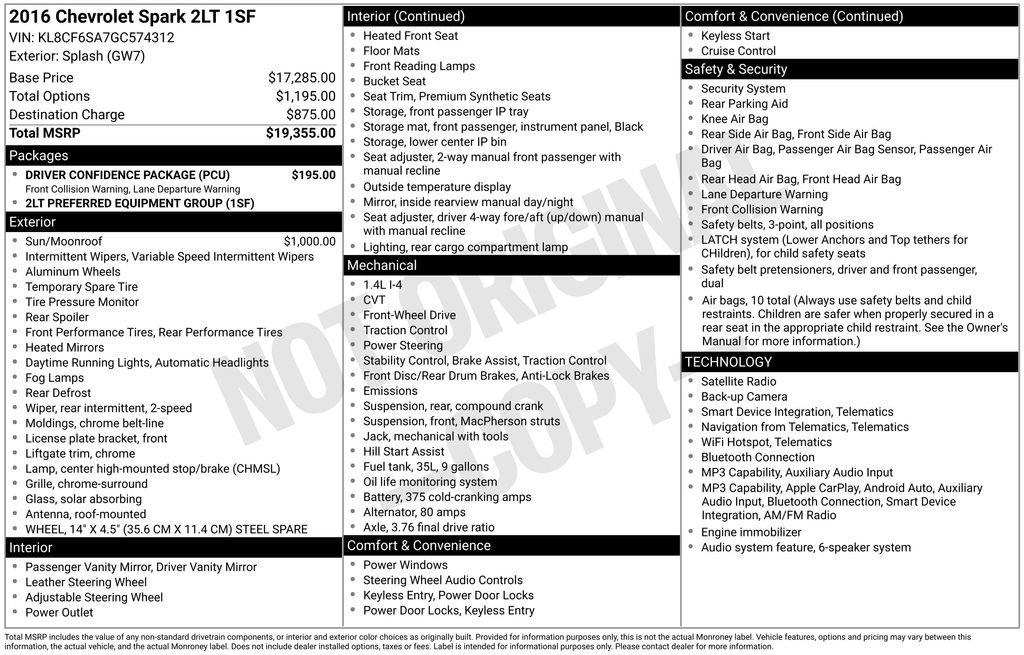 Used 2016 Chevrolet Spark LT w/ Driver Confidence Package FWD image 7