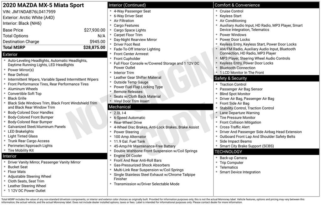 Used 2020 MAZDA MX-5 Miata Sport image 1