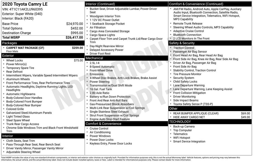 Used 2020 Toyota Camry LE w/ Carpet Mat Package FWD image 1
