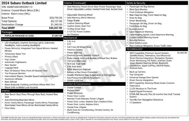 Certified 2024 Subaru Outback Limited w/ Popular Package #2 AWD/4WD image 38
