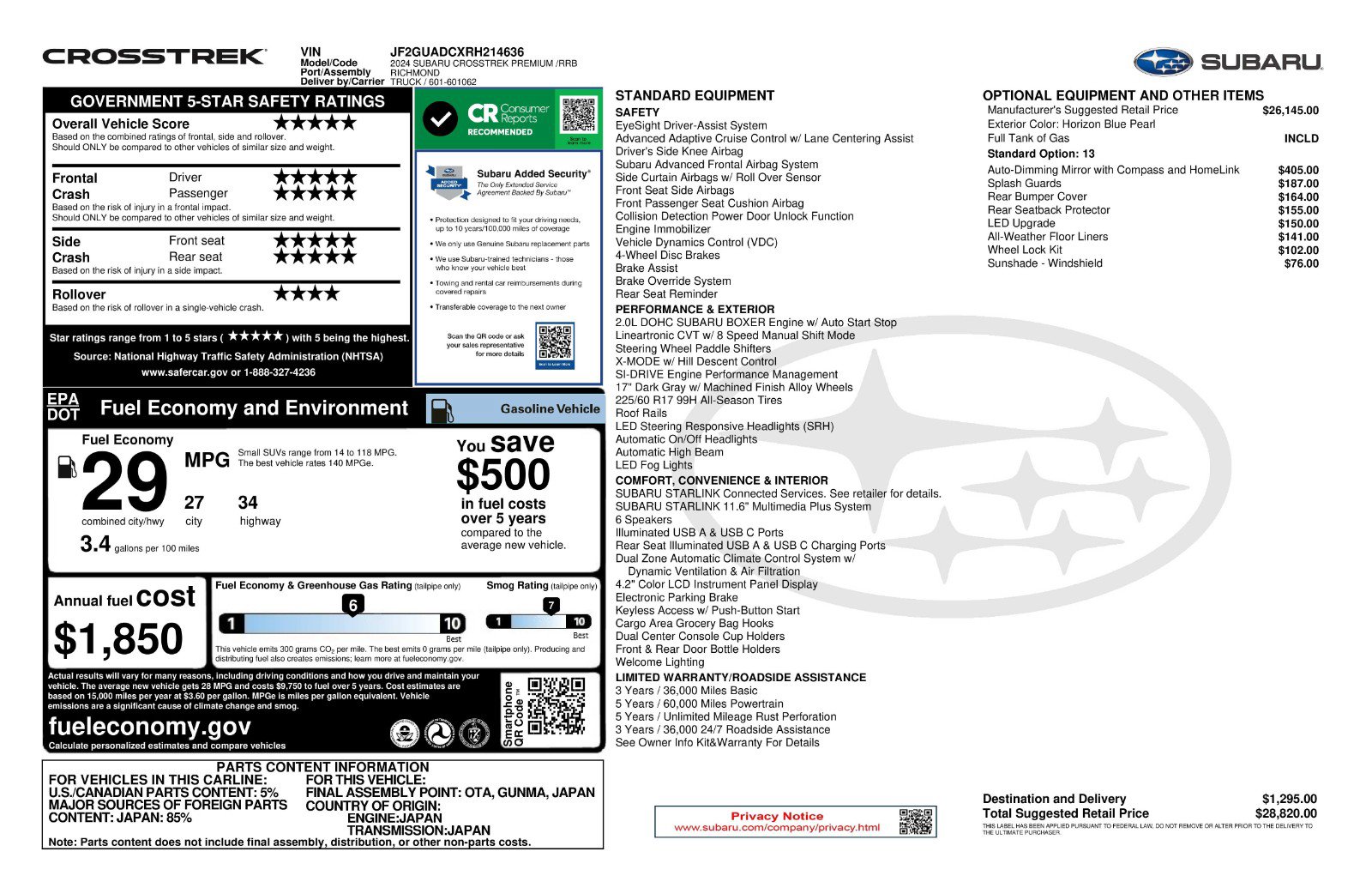 Used 2024 Subaru Crosstrek 2.0i Premium image 11