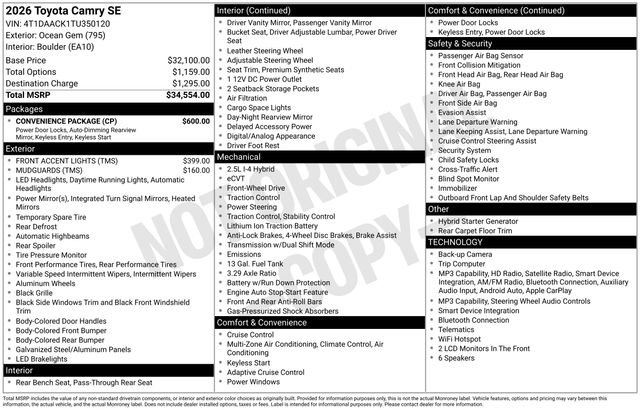 New 2026 Toyota Camry SE w/ Convenience Package FWD image 15