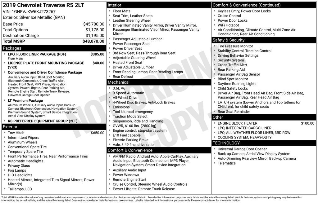 Used 2019 Chevrolet Traverse RS w/ LPO, Floor Liner Package image 34