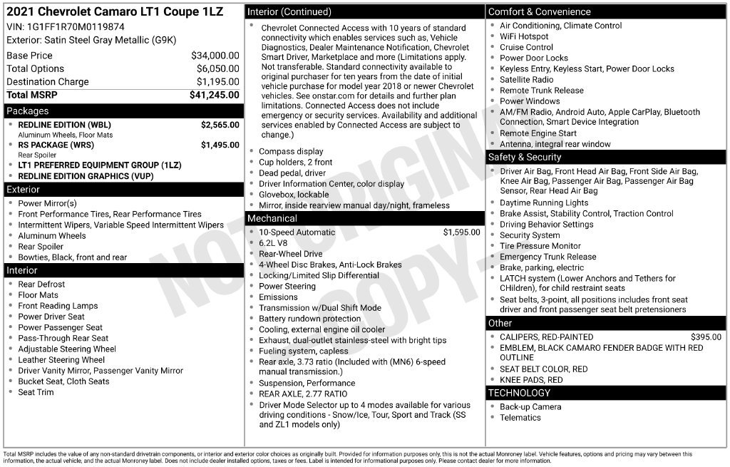 Used 2021 Chevrolet Camaro LT w/ Redline Edition RWD image 30
