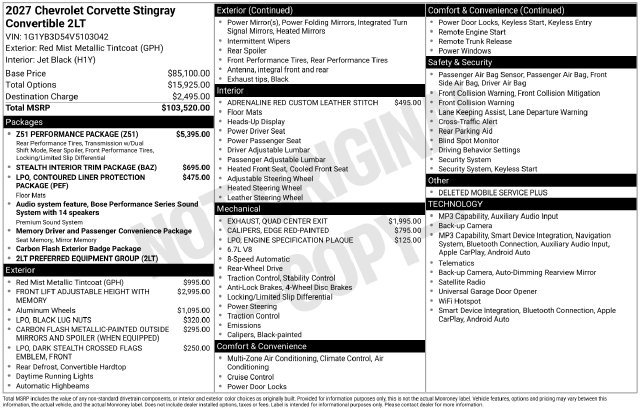 New 2027 Chevrolet Corvette Stingray Convertible w/ Z51 Performance Package RWD image 4