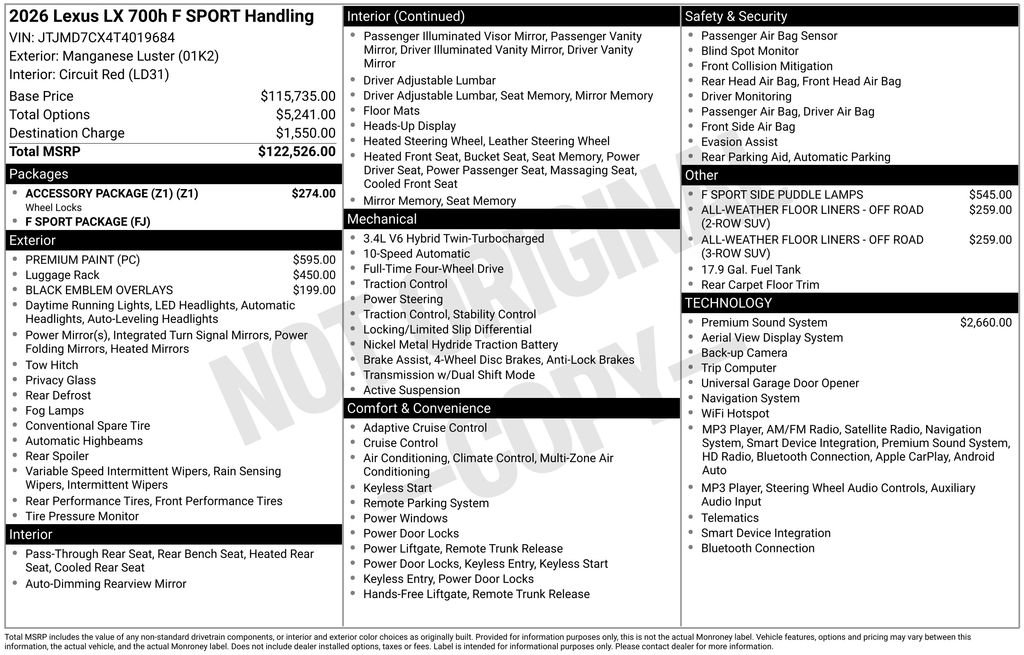 New 2026 Lexus LX 700h F Sport w/ Accessory Package (Z1) AWD/4WD image 4