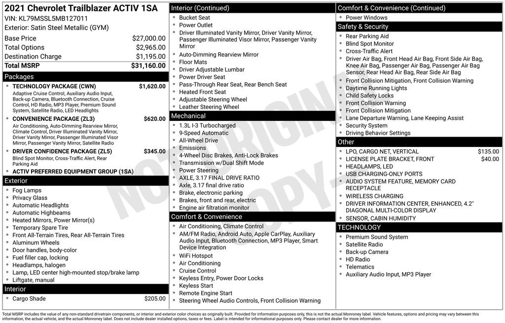 Used 2021 Chevrolet TrailBlazer ACTIV w/ Technology Package image 3