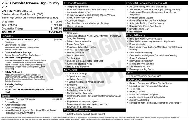 Used 2026 Chevrolet Traverse High Country w/ LPO, Floor Liner Package AWD/4WD image 2