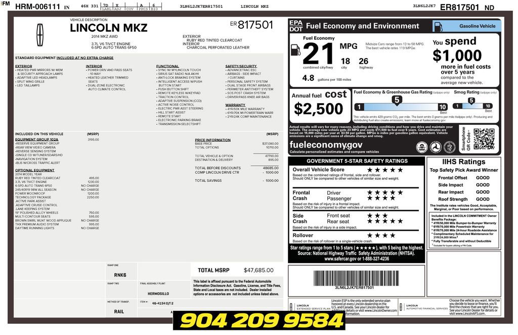 Used 2014 Lincoln MKZ AWD w/ Equipment Group 102A Reserve image 40