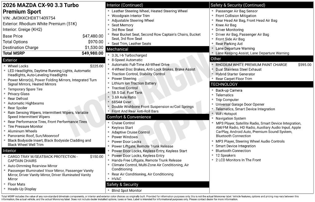 New 2026 MAZDA CX-90 3.3 Turbo w/ Premium Sport Pkg AWD/4WD image 7
