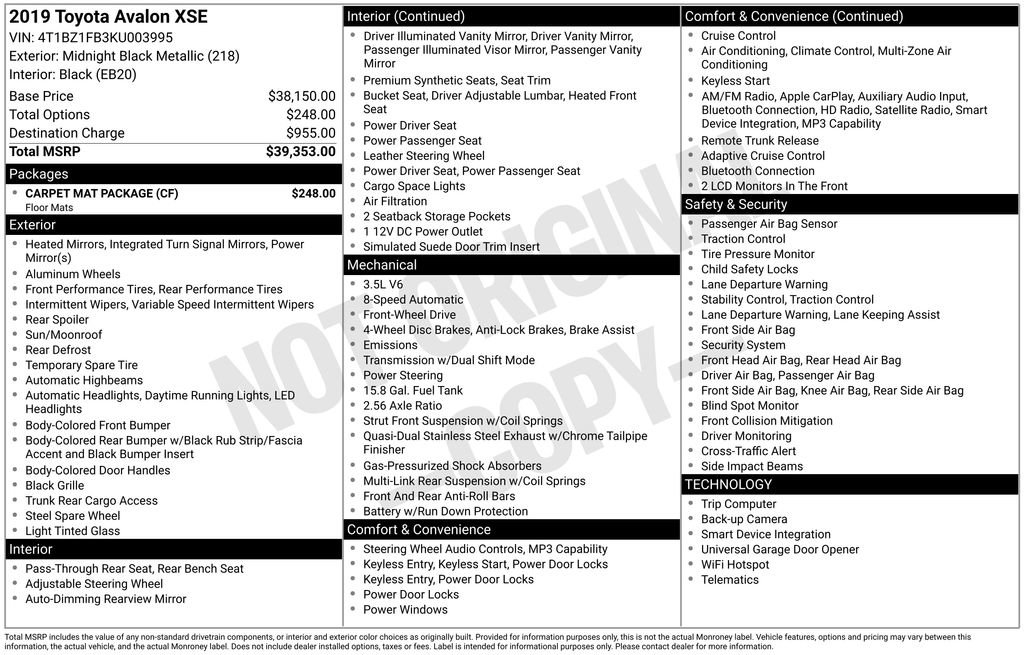 Used 2019 Toyota Avalon XSE w/ Carpet Mat Package FWD image 26