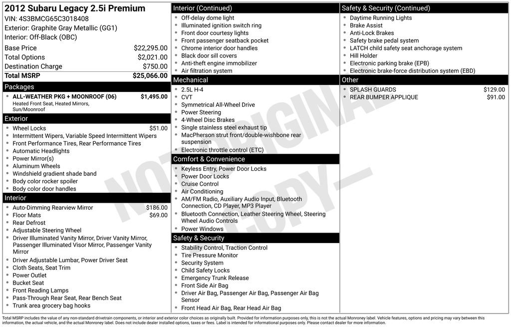 Used 2012 Subaru Legacy 2.5i Premium w/ All-Weather Pkg + Moonroof image 6