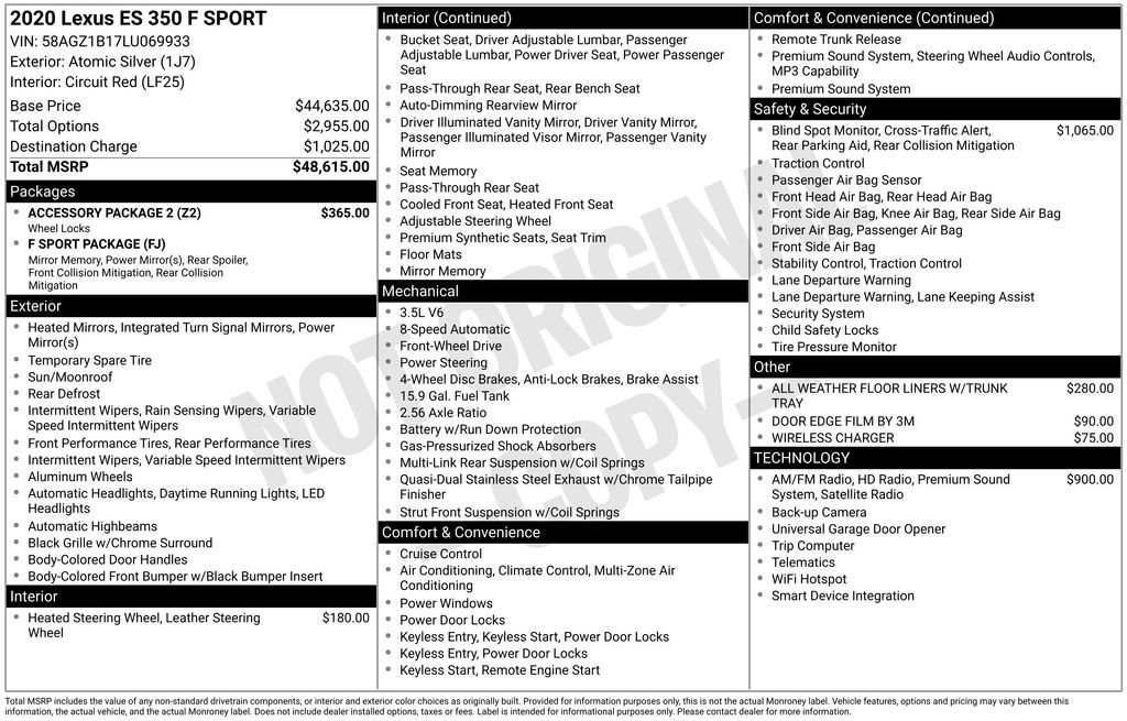 Used 2020 Lexus ES 350 F Sport w/ Accessory Package 2 FWD image 30