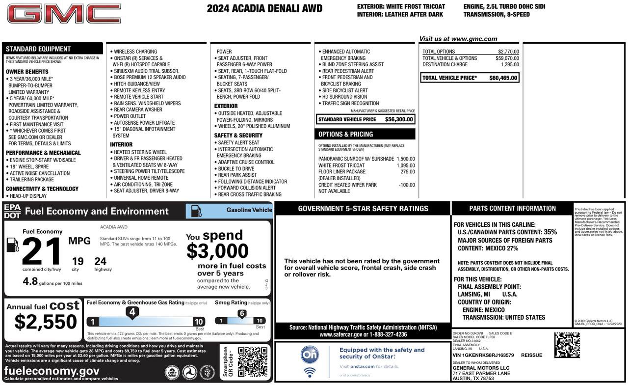 Used 2024 GMC Acadia Denali w/ LPO, Floor Liner Package image 58