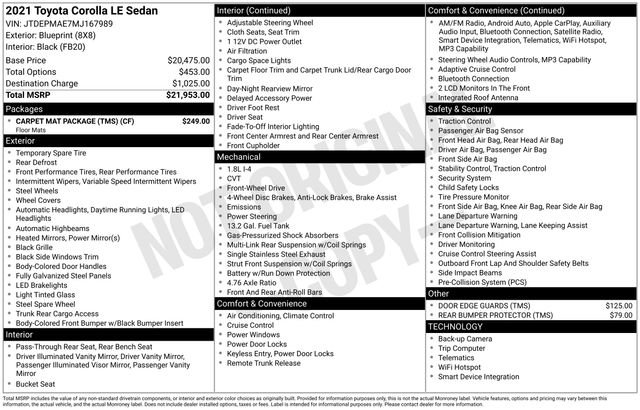 Used 2021 Toyota Corolla LE w/ Carpet Mat Package (TMS) FWD image 9