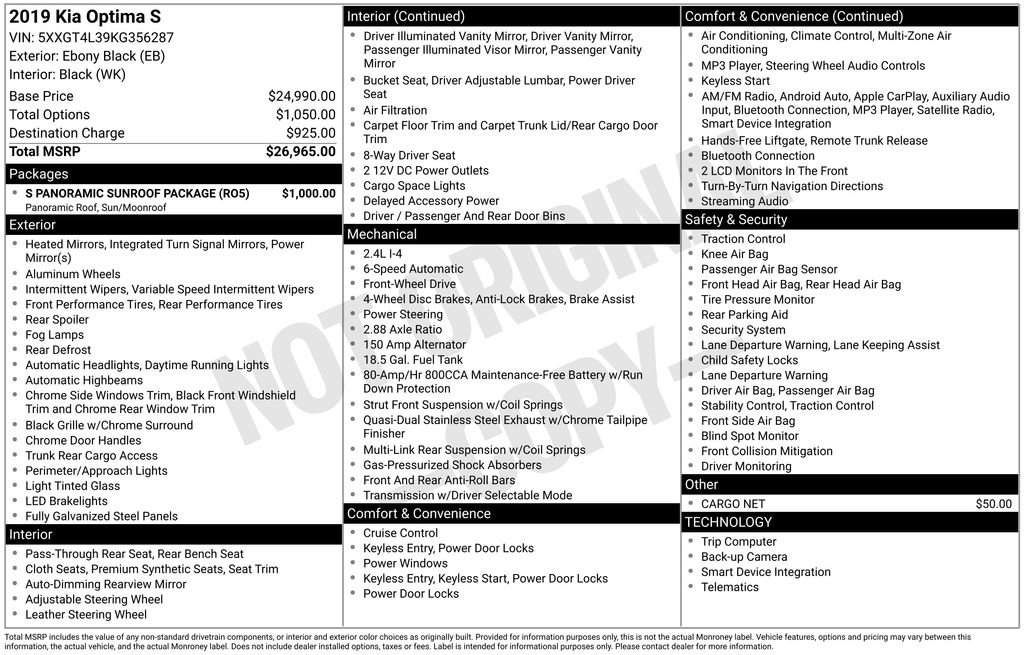 Used 2019 Kia Optima S w/ S Panoramic Sunroof Package image 7