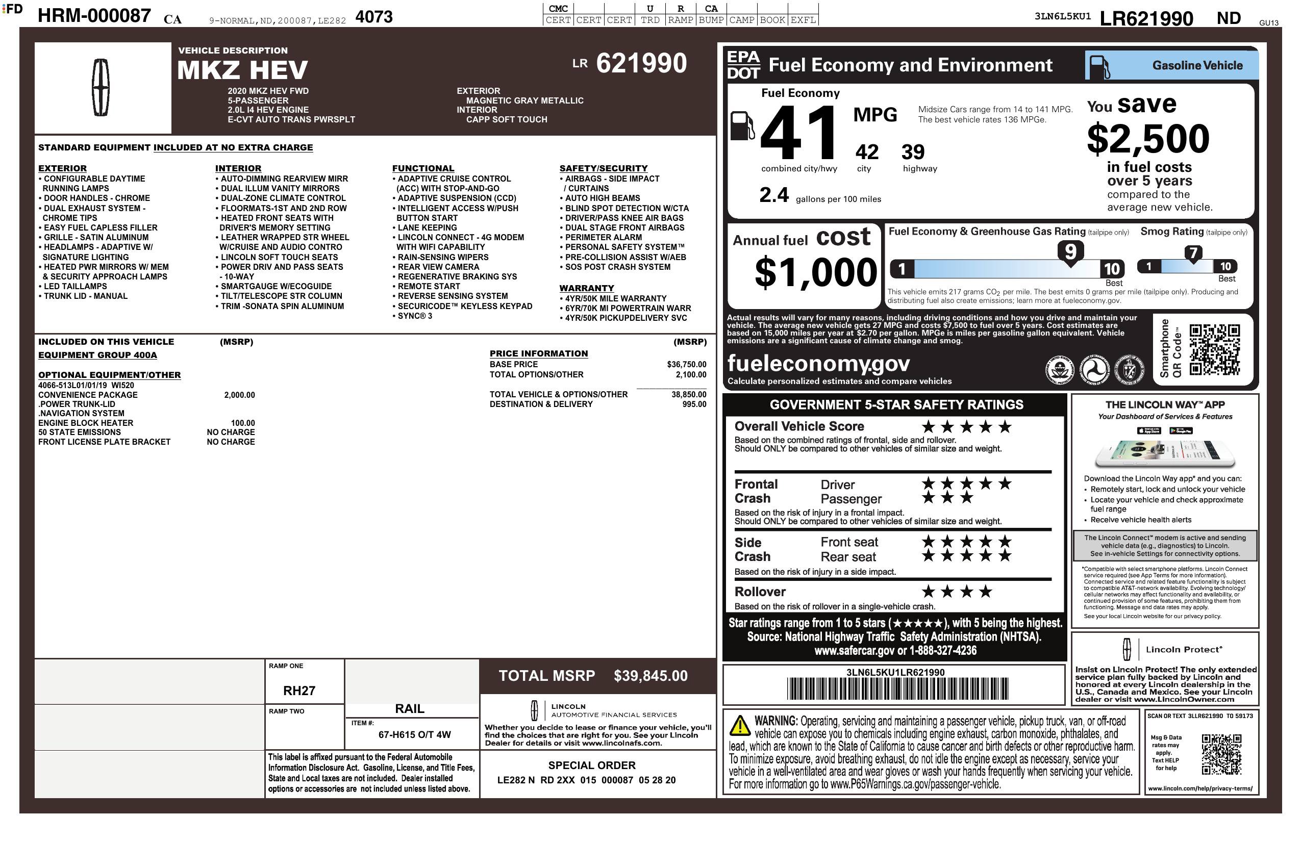 Used 2020 Lincoln MKZ Hybrid w/ Convenience Package FWD image 3
