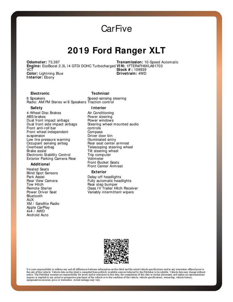 Used 2019 Ford Ranger XLT w/ Equipment Group 302A Luxury AWD/4WD image 35