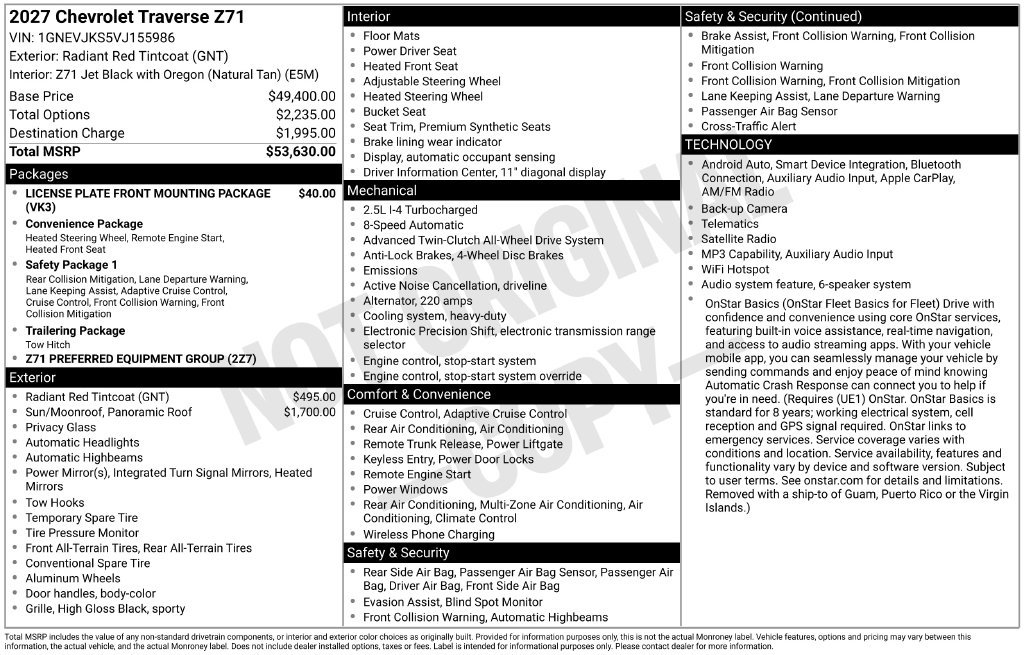 New 2027 Chevrolet Traverse Z71 AWD/4WD image 3