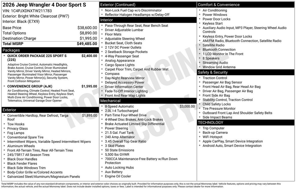 New 2026 Jeep Wrangler Unlimited Sport AWD/4WD image 27