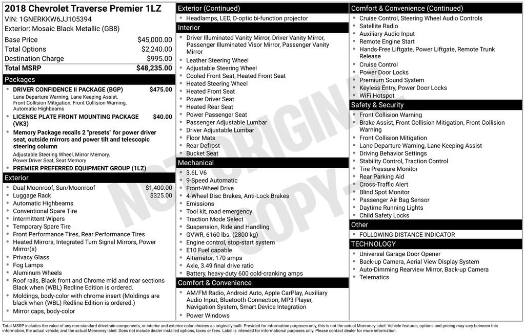 Used 2018 Chevrolet Traverse Premier w/ Driver Confidence II Package image 6