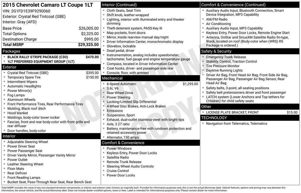 Used 2015 Chevrolet Camaro LT w/ Black Rally Stripe Package RWD image 13