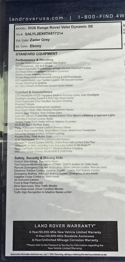 New 2026 Land Rover Range Rover Velar Dynamic SE image 34