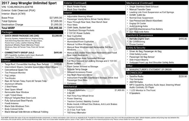 Used 2017 Jeep Wrangler Unlimited Sport w/ Quick Order Package 24S AWD/4WD image 9