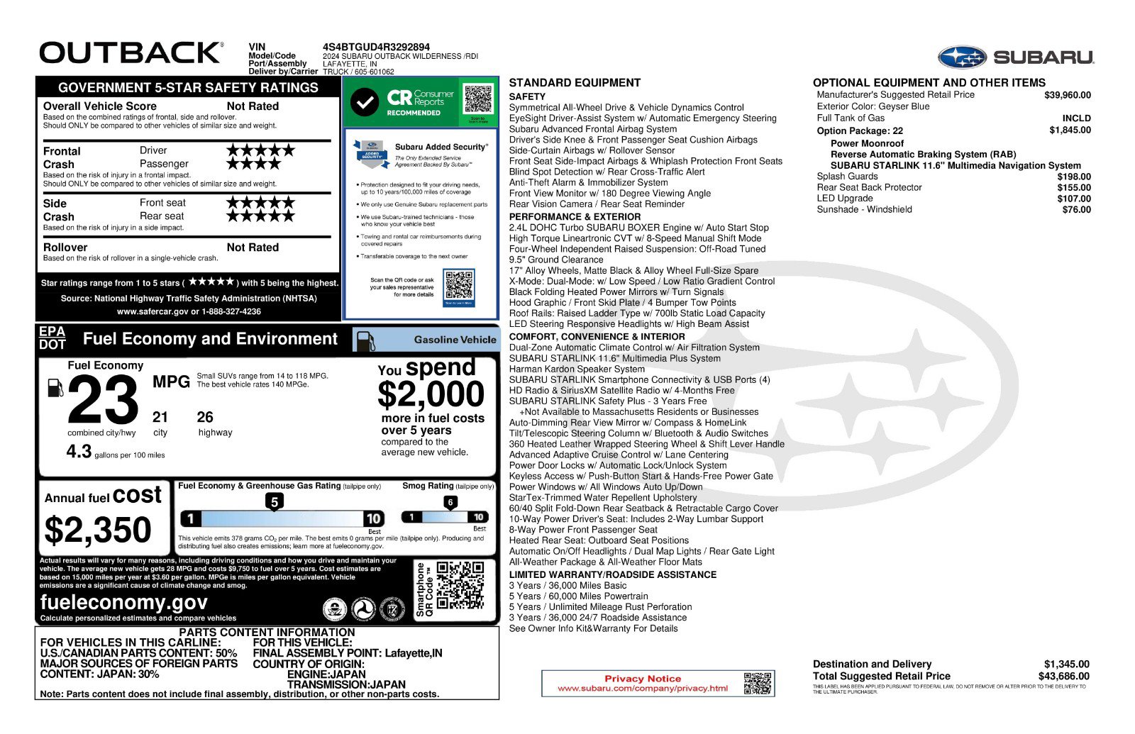 Used 2024 Subaru Outback Wilderness AWD/4WD image 11