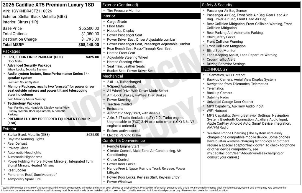 New 2026 Cadillac XT5 Premium Luxury w/ LPO, Floor Liner Package AWD/4WD image 4
