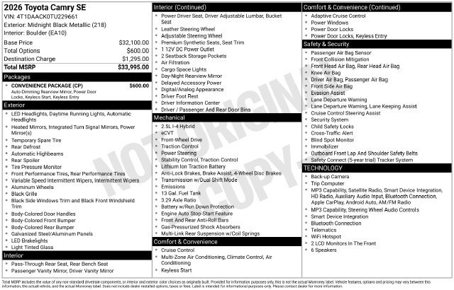Used 2026 Toyota Camry SE w/ Convenience Package FWD image 8