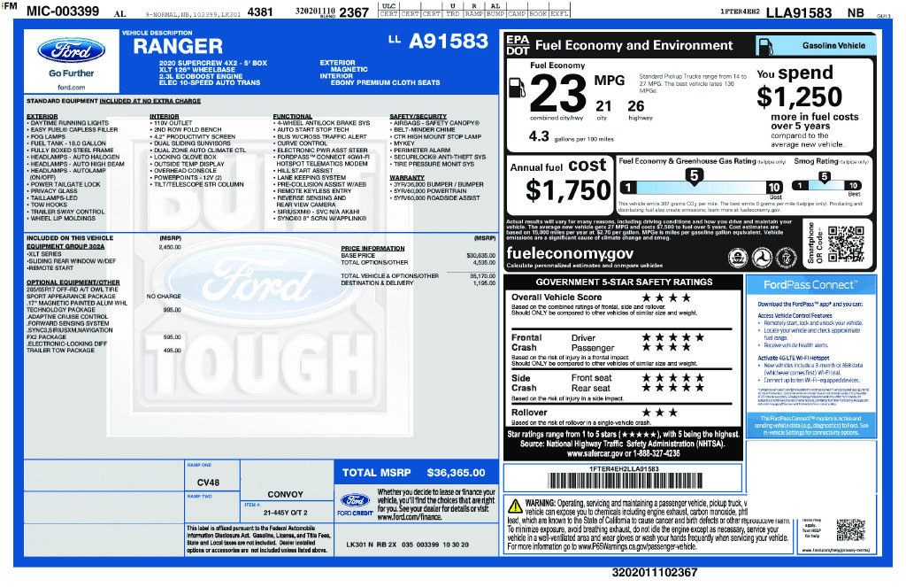 Used 2020 Ford Ranger XLT w/ Equipment Group 302A Luxury RWD image 47