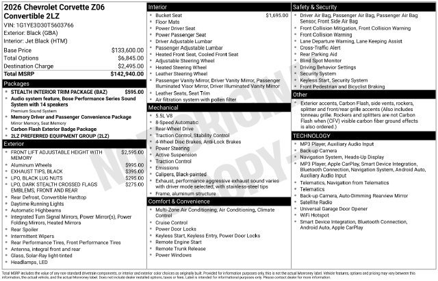 Used 2026 Chevrolet Corvette Z06 w/ Stealth Interior Trim Package RWD image 31