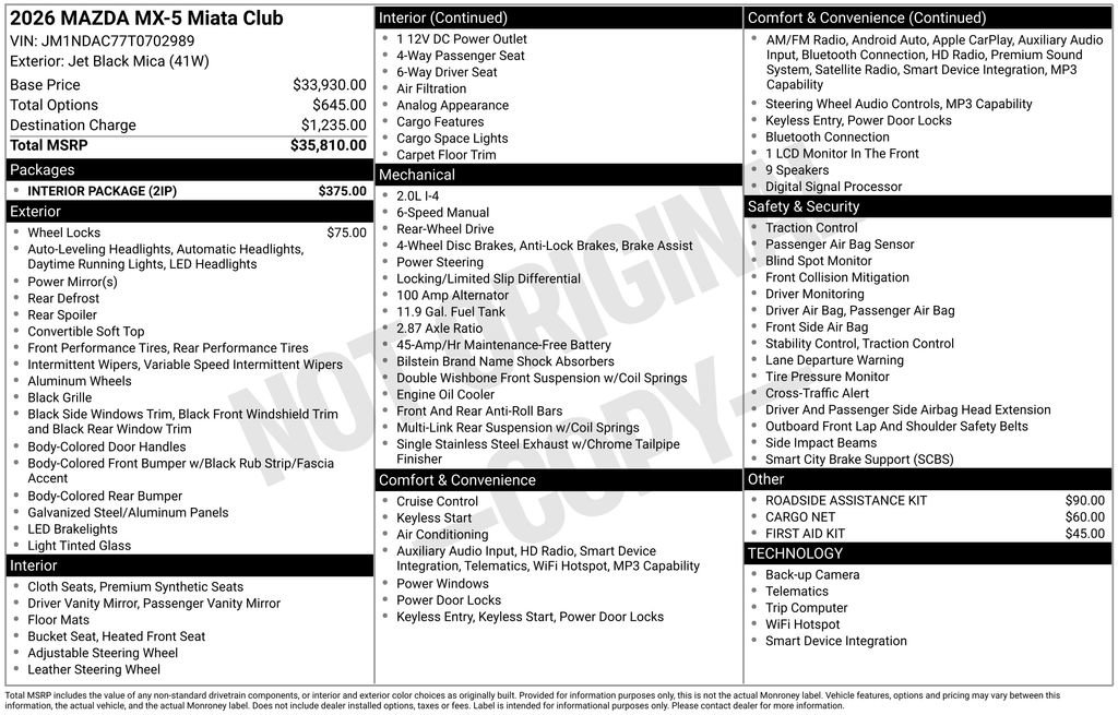 New 2026 MAZDA MX-5 Miata Club w/ Interior Package RWD image 34