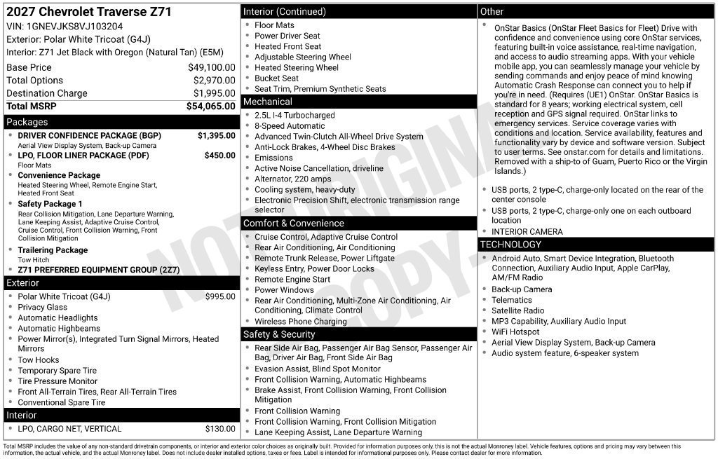 New 2027 Chevrolet Traverse Z71 w/ Driver Confidence Package AWD/4WD image 5