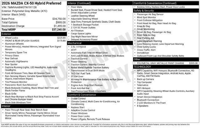 New 2026 MAZDA CX-50 2.5 Hybrid w/ Preferred Pkg AWD/4WD image 5