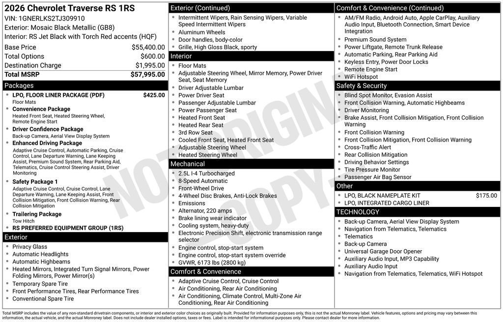 New 2026 Chevrolet Traverse RS w/ LPO, Floor Liner Package FWD image 5