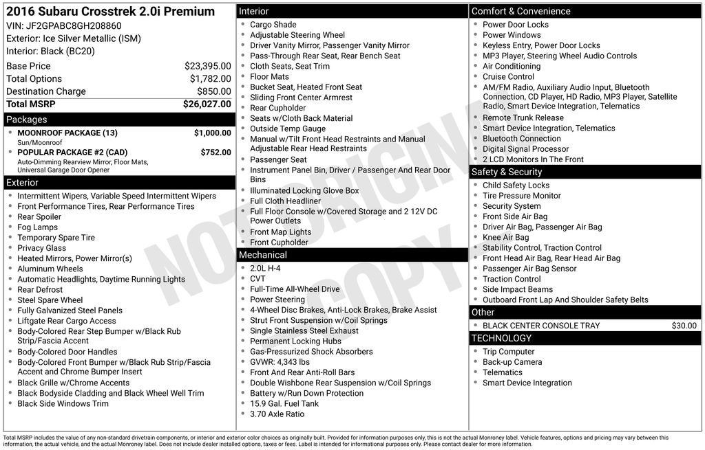 Used 2016 Subaru Crosstrek 2.0i Premium w/ Moonroof Package image 7